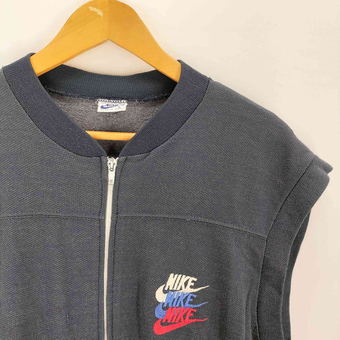 ナイキ NIKE 80s イタリア製 紺タグ 3連 スウッシュロゴ 刺繍 ジップアップ ベスト メンズ L