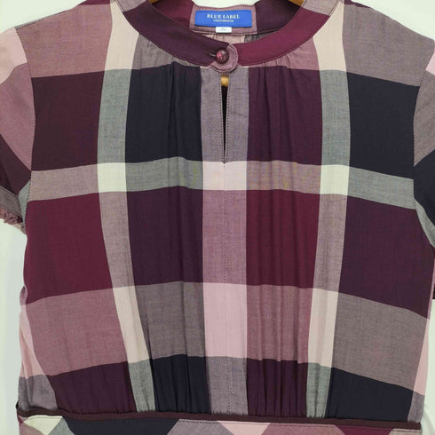 ブルーレーベルクレストブリッジ BLUE LABEL CRESTBRIDGE ロゴプレート バンドカラー チェック ミディ丈 半袖 ワンピース レディース JPN:36