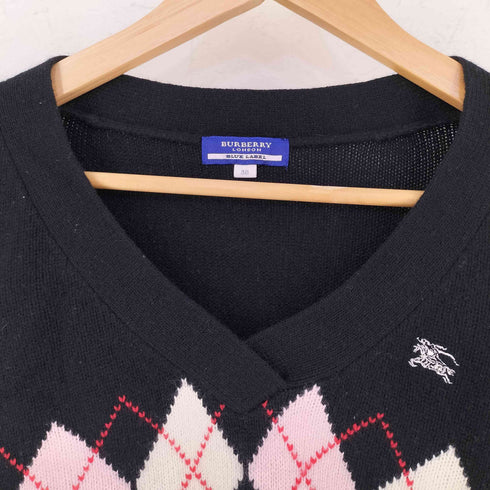 バーバリーブルーレーベル BURBERRY BLUE LABEL フロント刺繍 カシミヤ混 アーガイル柄 Vネック ウールニット レディース 38