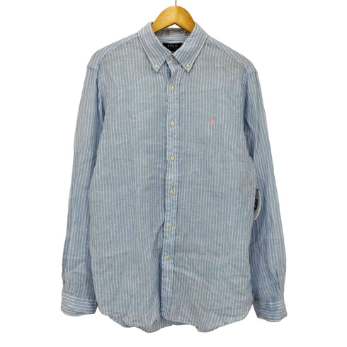 ポロラルフローレン POLO RALPH LAUREN CUSTOM FIT ポニー 刺繍 ストライプ リネン ボタンダウン シャツ メンズ import:L