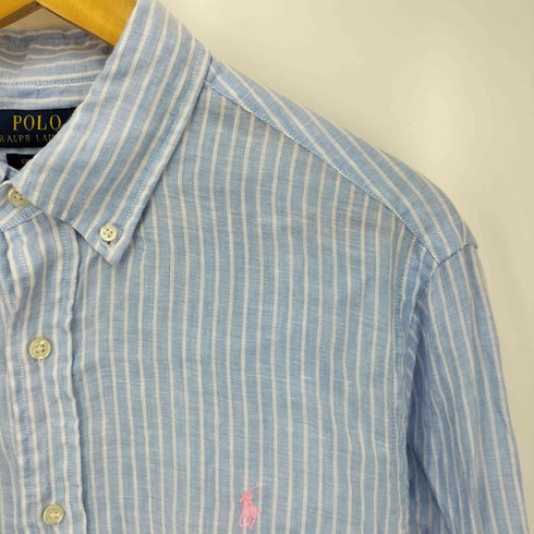 ポロラルフローレン POLO RALPH LAUREN CUSTOM FIT ポニー 刺繍 ストライプ リネン ボタンダウン シャツ メンズ import:L