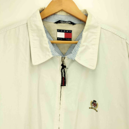 トミーヒルフィガー TOMMY HILFIGER 90s クレスト刺繍 背抜き 裏地ストライプ スイングトップ ブルゾンジャケット メンズ import:XL