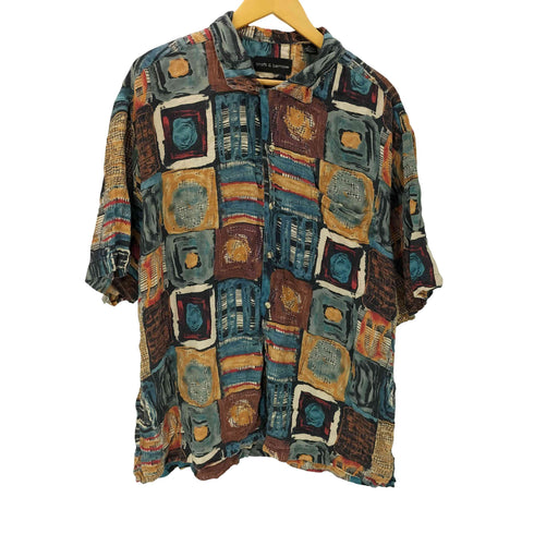 クラフトアンドバロー Croft&Barrow 90S OLD SILK 100% 絹 シルク 幾何学模様 アート シャツ メンズ import:XL