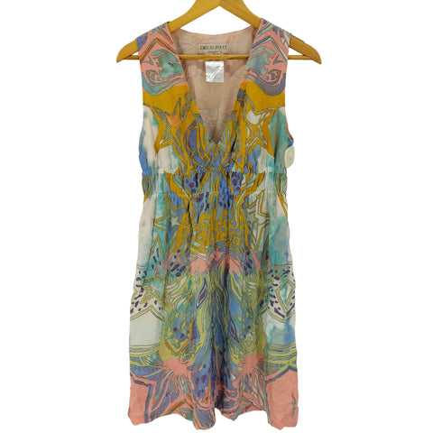 エミリオプッチ EMILIO PUCCI 総柄 シルク ギャザー ノースリーブ ワンピ-ス レディース US:8