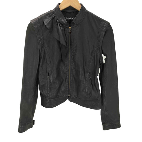 マックスアンドコー MAX&CO. MADE IN ITALY Lamb Leather イタリア製 ラッフル デザイン 羊革 ラムレザー シングル クロップド ライダース ジャケット 短丈 ブラック Y2K レディース EUR:40