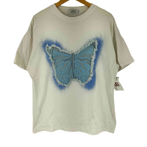 ADCVRTSY デニム切替 バタフライモチーフ刺繍デザイン ショートスリーブ Tシャツ メンズ import:XL