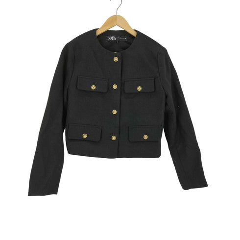 ザラ ZARA 金ボタン クロップド ノーカラー ジャケット レディース import:M