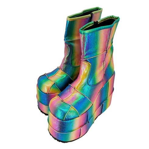 デモニア Demonia PLATFORM BOOTS メタリック レインボー パッチワーク 厚底 ブーツ メンズ US:10
