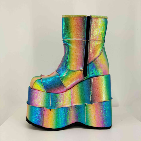 デモニア Demonia PLATFORM BOOTS メタリック レインボー パッチワーク 厚底 ブーツ メンズ US:10