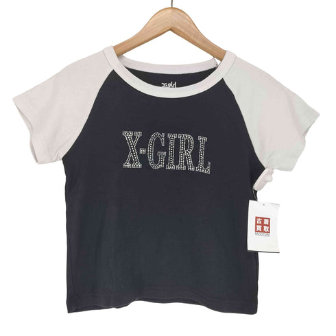 エックスガール X-girl RHINESTONE ROMAN TYPE LOGO RAGLAN S/S BABY TEE レディース import:M