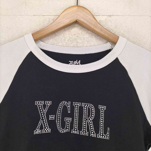 エックスガール X-girl RHINESTONE ROMAN TYPE LOGO RAGLAN S/S BABY TEE レディース import:M