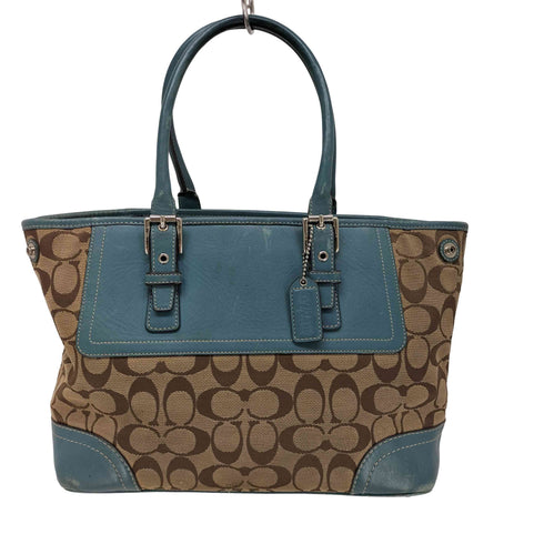 コーチ COACH シグネチャー ロゴ モノグラム レザー切替 キャンバス トートバッグ ターコイズ レディース