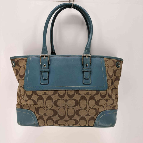 コーチ COACH シグネチャー ロゴ モノグラム レザー切替 キャンバス トートバッグ ターコイズ レディース