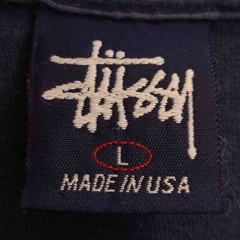 ステューシー Stussy 90S 紺タグ USA製 袖裾シングル ロゴクルーネックTシャツ フェード メンズ import:L