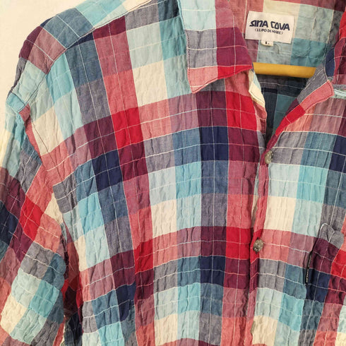 シナコバ SINA COVA 90s-00s シワ加工 オープンカラー 半袖 チェック シャツ メンズ L