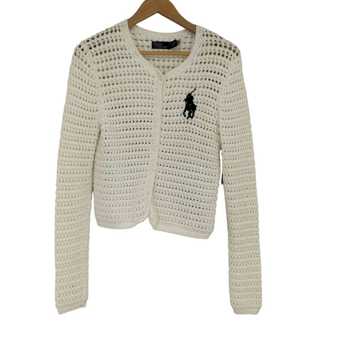ポロバイラルフローレン Polo by RALPH LAUREN Big Pony クロシェイド コットン カーディガン (100ホワイト) レディース import:M