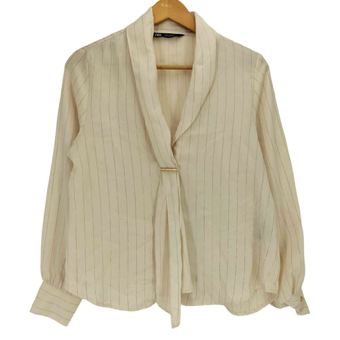 ザラ ZARA STRIPED METALLIC THREAD BLOUSE メタリックストライプ ボウタイブラウス レディース import:S