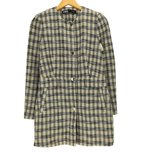 ザラ ZARA リネン混 チェック 金ボタン ノーカラーコート レディース import:S