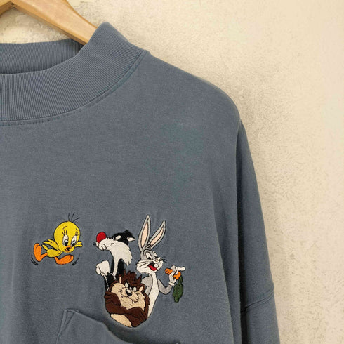 アニメ キャラクター刺繍 ポケット付 モックネック 長袖 Tシャツ メンズ XXL