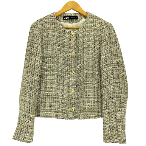 ザラ ZARA 金ボタン ノーカラー ツイードジャケット レディース import:L