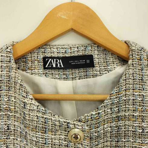 ザラ ZARA 金ボタン ノーカラー ツイードジャケット レディース import:L