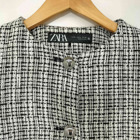 ザラ ZARA ノーカラーツイードジャケット レディース import:M