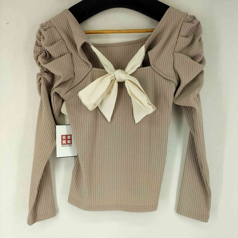 バックリボンデザイン ロングスリーブ リブトップス レディース FREE