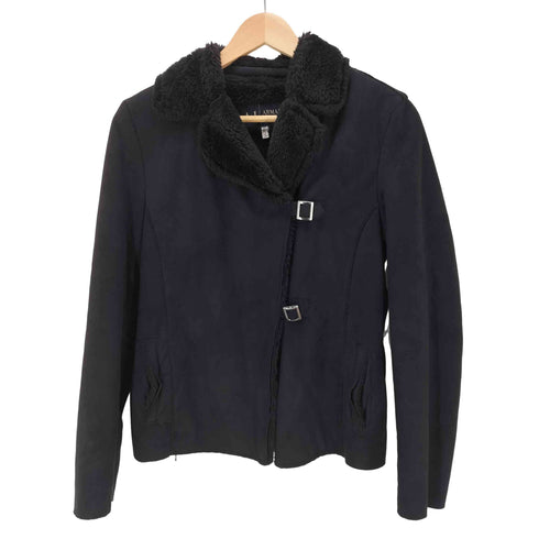 アルマーニジーンズ ARMANI JEANS MADE IN ITALY イタリア製 裏地 リアル ファー フック バックル デザイン ムートン ジャケット ブラック Y2K レディース EUR:40