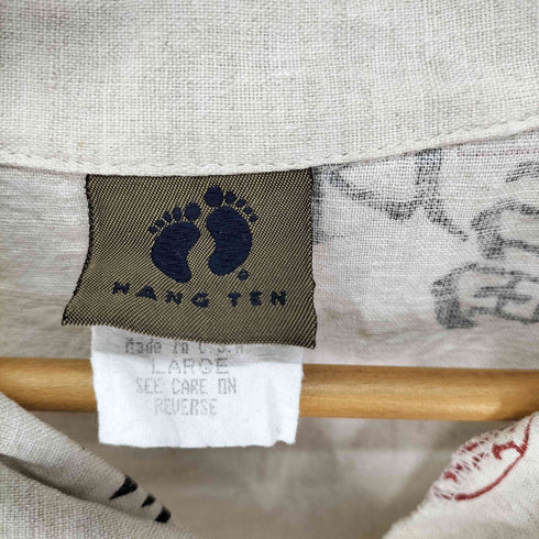 ハンテン HANG TEN USA製 漢字 総柄 リネン混 半袖シャツ メンズ import:L
