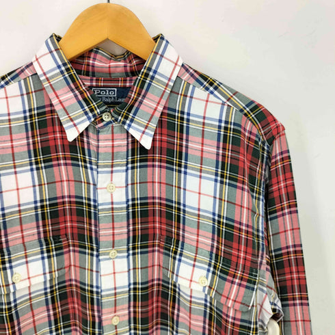 ポロバイラルフローレン Polo by RALPH LAUREN WHITFIELD マルチカラー タータンチェック リバースプリント ポニー無 ダブルポケット レーヨン 長袖 シャツ メンズ import:L