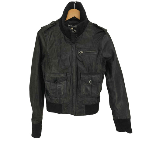Stradivarius ストラディバリウス 本革 ハイネック ライダースジャケット レディース import:M