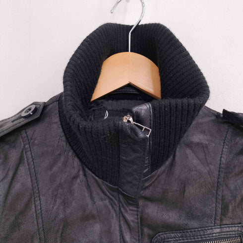 Stradivarius ストラディバリウス 本革 ハイネック ライダースジャケット レディース import:M