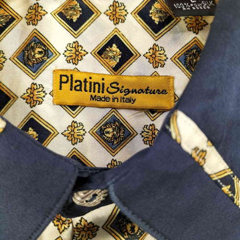 Platini Signature プラティニ シグネチャー イタリア製 ポリシルク 総柄 比翼 レギュラーカラーシャツ メンズ L