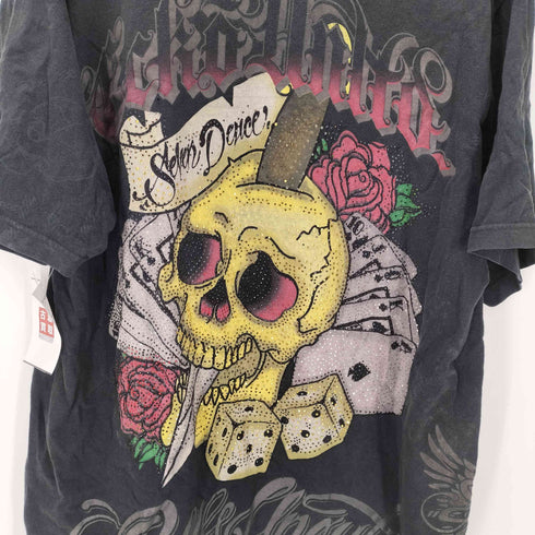 エコーアンリミテッド ECKO UNLTD 00S OLD スカル 髑髏 ドクロ トランプ バラ ローズ 両面 ラメ プリント Tシャツ B系 Y2K メンズ import:XL