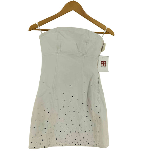 ザラ ZARA Strapless White Denim Rhinestone Mini Dress ストラップレス ホワイトデニム ラインストーン ミニドレス レディース XS