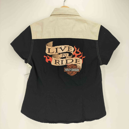 ハーレーダビッドソン HARLEY-DAVIDSON LIVE TO RIDE ロゴ刺繍 バックプリント スナップボタン S/S ワーク シャツ レディース import:M