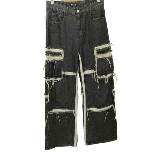 エージェムナイン AGEM/9 ARULE ワイドシルエット 切り替えダメージ加工 サイドポケット デニムパンツ メンズ