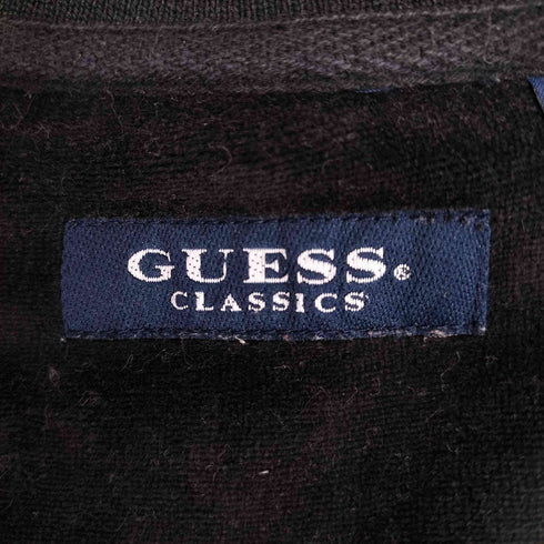 ゲス GUESS CLASSICS 90-00s 紺タグ コットン ロゴ刺繍 ハーフジップ ベロア 長袖ポロシャツ メンズ import:L