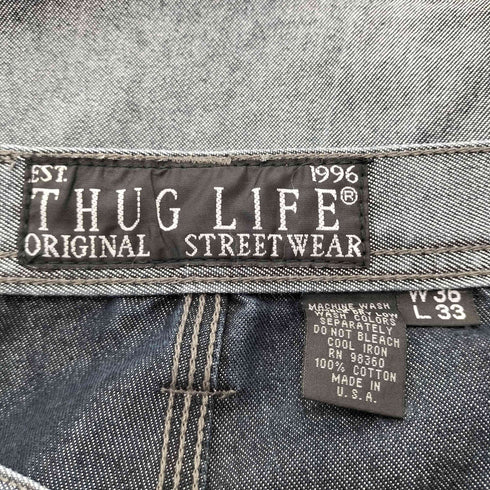 THUG LIFE 90s USA製 シルバー ペインター バギー デニム ロゴ 刺繍 B系 極太 メンズ 36x33
