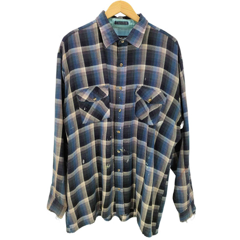 ヴァンヒューゼン VAN HEUSEN 90S OLD ペンキ ペイント 加工 オンブレ チェック フランネル ボックス シャツ グランジ メンズ import:XL