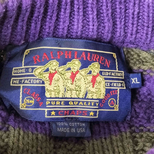 チャップスラルフローレン CHAPS RALPH LAUREN 80S USA製 兵隊タグ マルチボーダー コットン ケーブル ニット メンズ import:XL