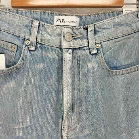 ザラ ZARA シルバーペイント加工 ハイライズ スリム フィット スリット デニム レディース EUR:38