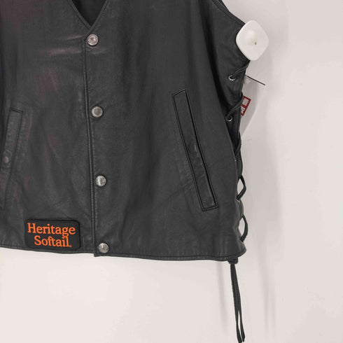 ハーレーダビッドソン HARLEY-DAVIDSON 00S OLD PATHWAY LEATHER VEST 本革 パスウェイ リアル レザー ベスト サイド レースアップ イーグル ファイヤー スカル 刺繍 Y2K メンズ import:L