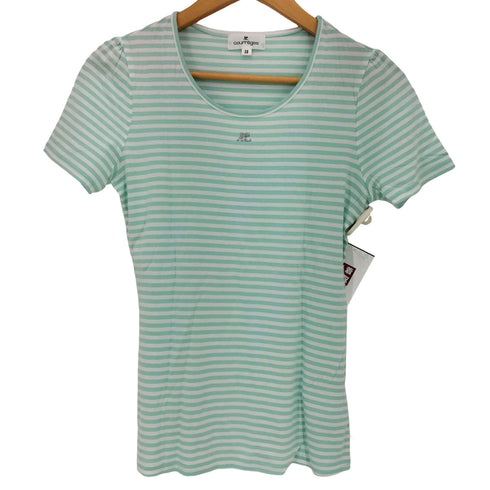 クレージュ courreges フロントロゴ ラインストーン ボーダー Uネック 半袖Tシャツ レディース FR:38