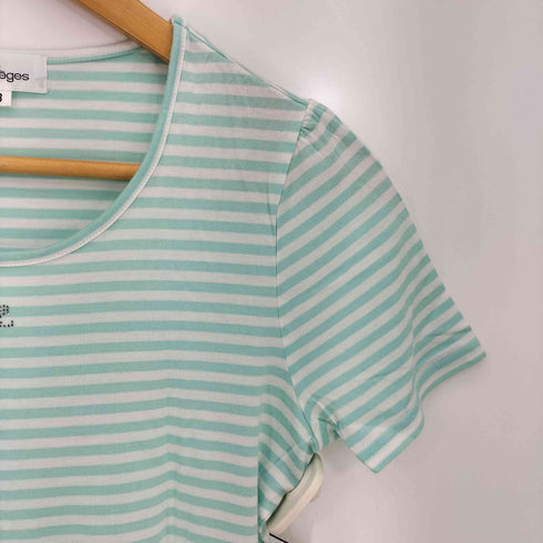 クレージュ courreges フロントロゴ ラインストーン ボーダー Uネック 半袖Tシャツ レディース FR:38