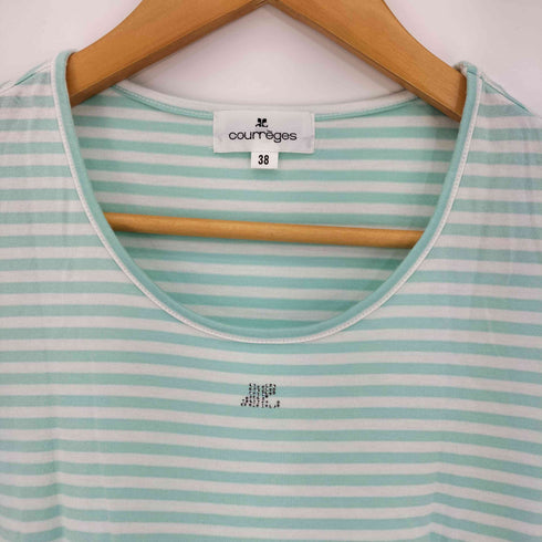 クレージュ courreges フロントロゴ ラインストーン ボーダー Uネック 半袖Tシャツ レディース FR:38
