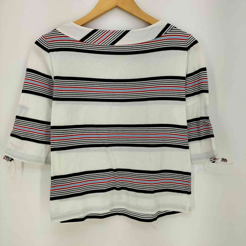 クレージュ courreges ロゴ刺繍 マルチカラーボーダー 袖リボン ボートネック 五分袖カットソー レディース 9R