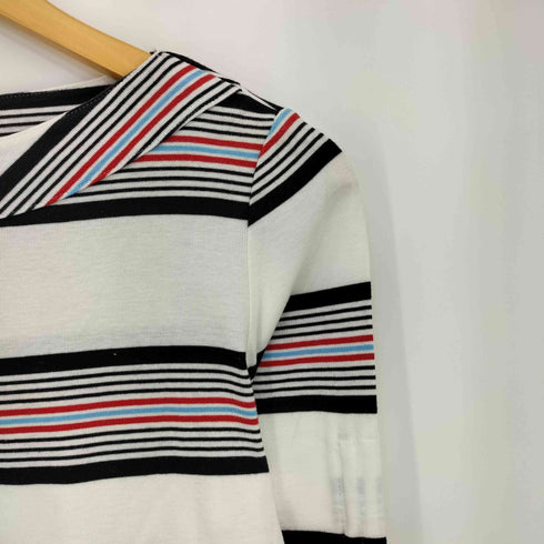 クレージュ courreges ロゴ刺繍 マルチカラーボーダー 袖リボン ボートネック 五分袖カットソー レディース 9R