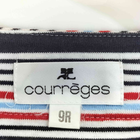 クレージュ courreges ロゴ刺繍 マルチカラーボーダー 袖リボン ボートネック 五分袖カットソー レディース 9R