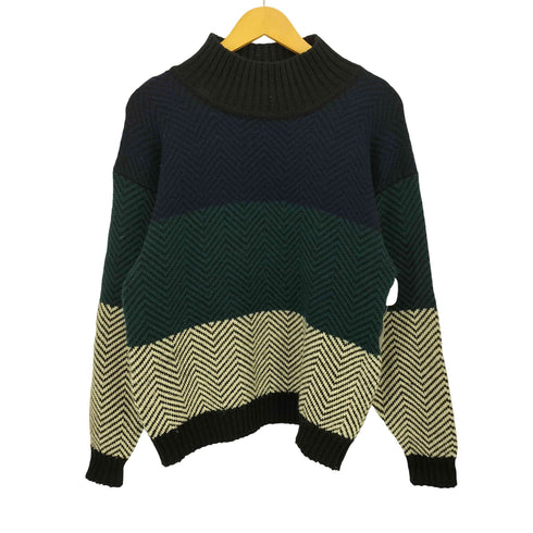 ペリーエリス PERRY ELLIS 90S 香港製 ヘリンボーン マルチカラー コットン ウール モックネック ニット メンズ import:L